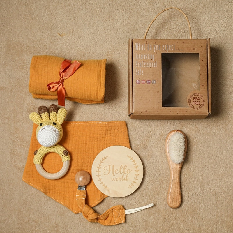 Baby Gift Set with Cotton Blanket & Crochet Rattle